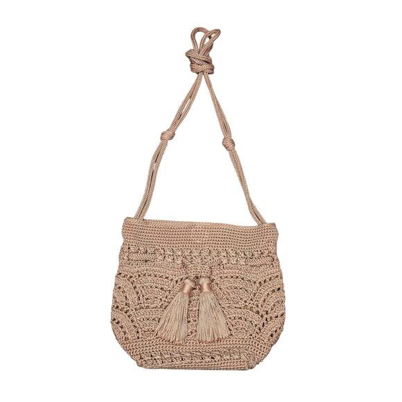 The Sak Backpack Womens Small Pink Crochet Tassel Drawstring Boho Purse Bag - Picture 1 of 10
